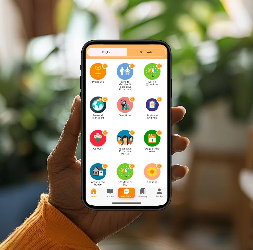 Fluently app on phone — lesson categories and Maa Boli AI